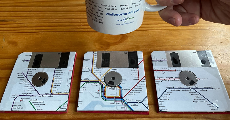 Hand made floppy disk/rail map coasters