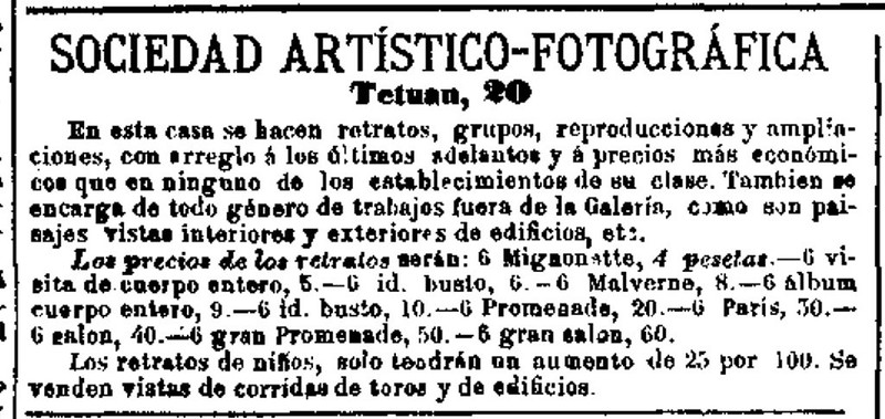 Anuncio de la Sociedad Artístico-Fotográfica publicado en El Globo el 14 de abril de 1885