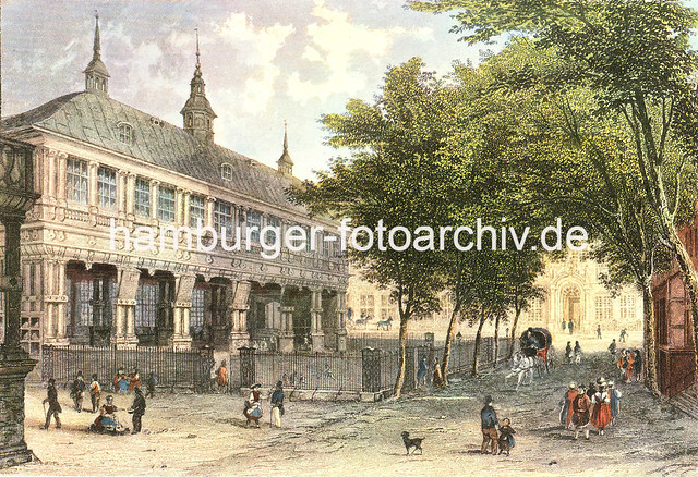 X0112390 Gebäude der Alten Börse  an der Zollenbrücke, Trostbrücke in der Hamburger Altstadt, ca. 1840.