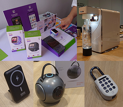 Singapore products being showcased in IFA 2023 (clockwise from top left): myFirst Fone S3 smartphone for kids, OxyTap 5 oxygen infuser, igloohome Smart Padlock 2, UB+ dB1 Doublebass Bluetooth Speaker, Red Monster Power Air Mini portable charger.