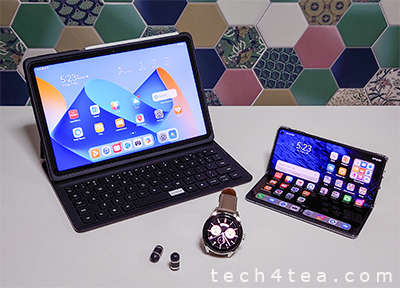 From Left: Huawei MatePad 11 (2023) with Smart Keyboard and M-Pencil, Huawei Watch Buds, and Huawei Mate X3.