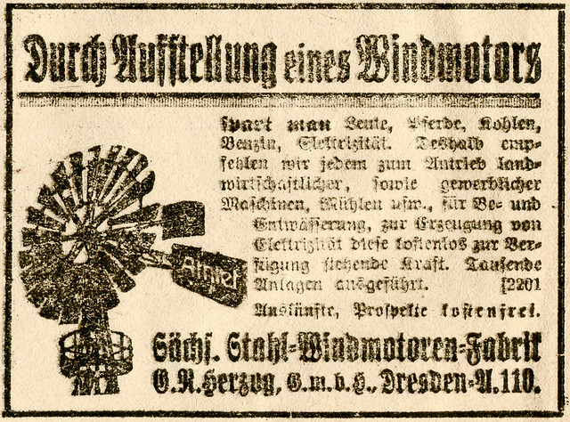 Werbeanzeige der Sächsischen Stahl-Windmotoren-Fabrik, 1920