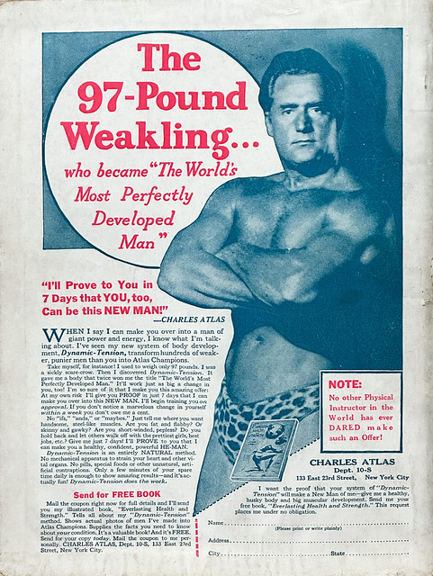 Charles Atlas “97-Pound Weakling” ad on the back cover of “Amazing Stories Quarterly,” Vol. 5, No. 2 (Spring-Summer 1932).