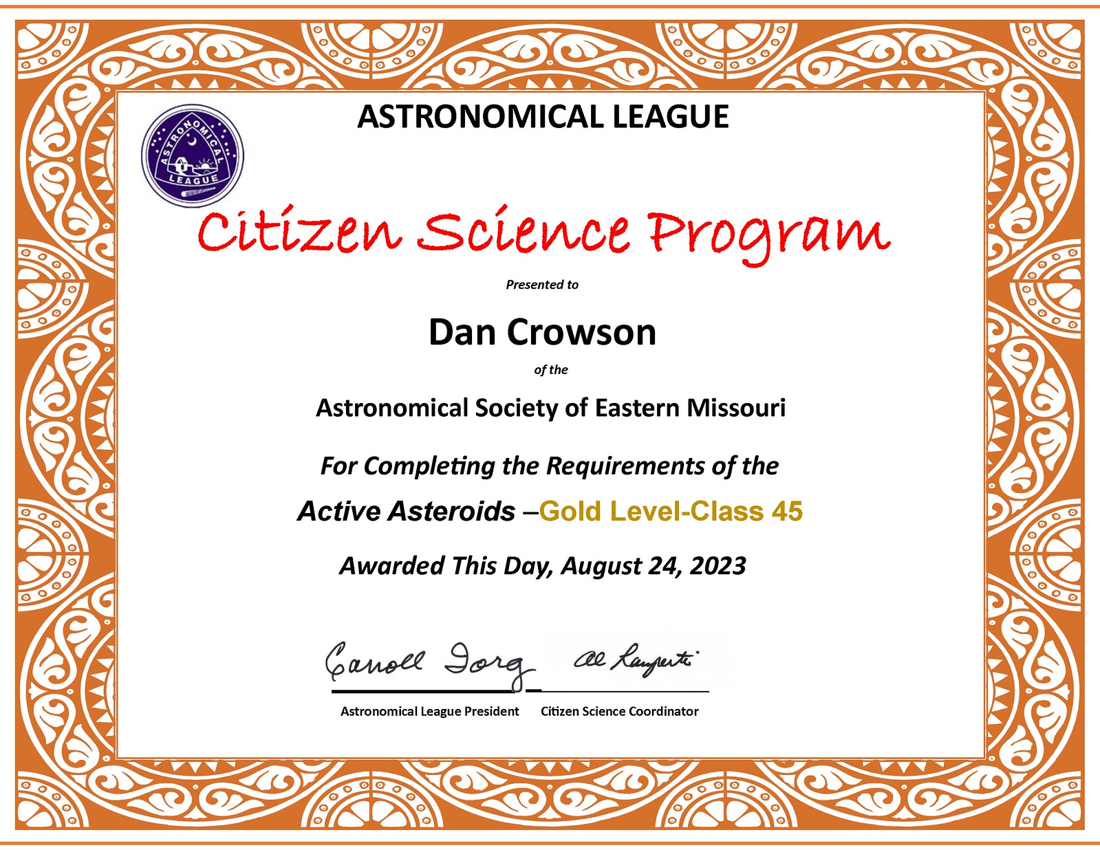 Dan Crowson - Astronomical League Citizen Science - Active_Gold_Active Asteroids_Class 45_Crowson