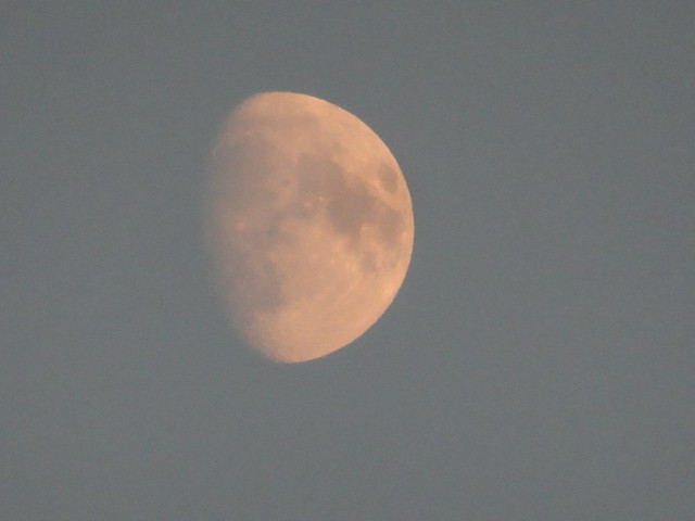 72% illuminated moon tinted pink by smoke in the air