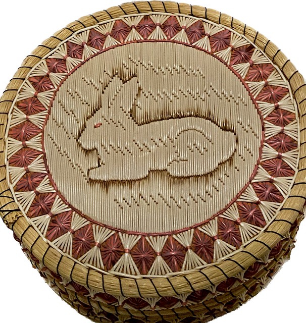 Porcupine quill and pine needle art work, First People's woven container