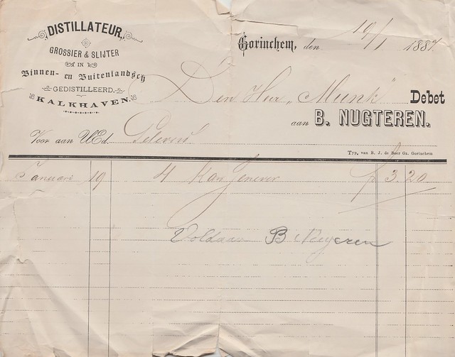 Nota - Distillateur B. Nugteren, grossier, slijter - Kalkhaven, gedateerd 19-01-1887, aan dhr. Munk