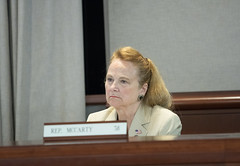 State Rep. Kathleen McCarty listens to testimony during a joint public hearing of the Appropriations, Energy and Technology and Human Services Committees regarding the LiHeap Allocation Plan funding.