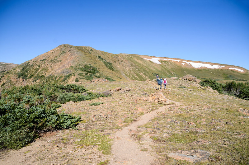 The trail levels on a high, thin ridge before switchbacks climb steeply to the Vasquez Wilderness Boundary in open tundra