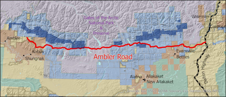 Map of the proposed 211-mile private industrial access road from the Pipeline Haul Road (Dalton Highway) to the Ambler Mining District.