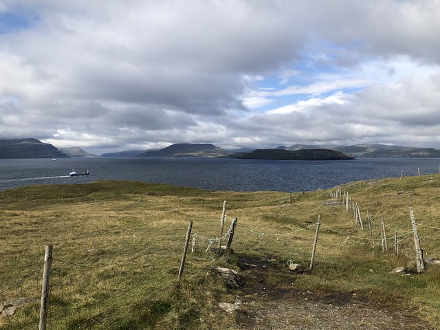 End of east coast road, Nólsoyarfjørður and view to Streymoy and Eysturoy, Nólsoy, Faroe Islands