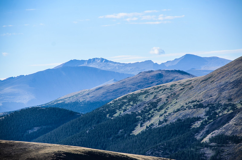 Looking southeast at Mount Evans、Mount Beirstadt from  Berthoud Pass West Trail near 11,900 ft.