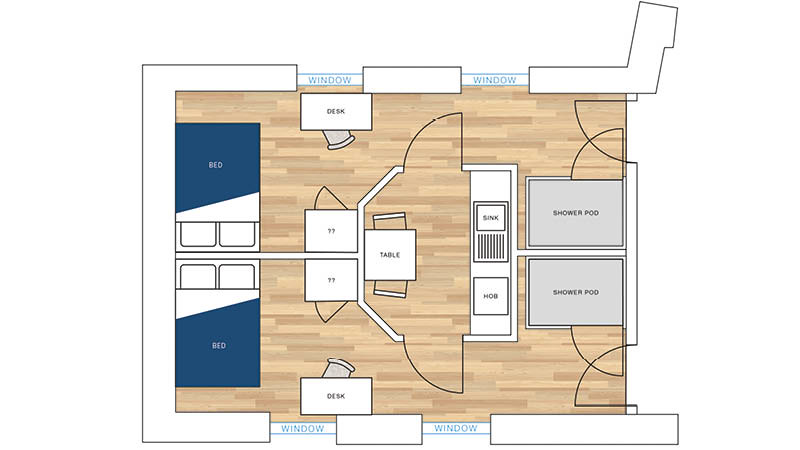 An example floorplan displaying a typical layout for a room in Eveleigh Waterside accommodation.
