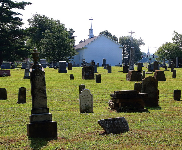 Old Gravestones in Mt Comfort Cemetery and Mt Comfort Presbyterian Church (in background) -  Washington County, Arkansas