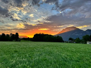 Sunrise with Zahmer Kaiser mountain range near Kiefersfelden in Bavaria, Germany