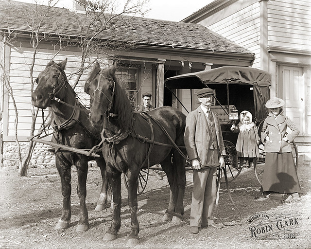 Early 1900s family portrait in Manitowoc, WI. Taken by Dr. Hammond, the family proudly poses with their horse and carriage. From my glass negative collection!