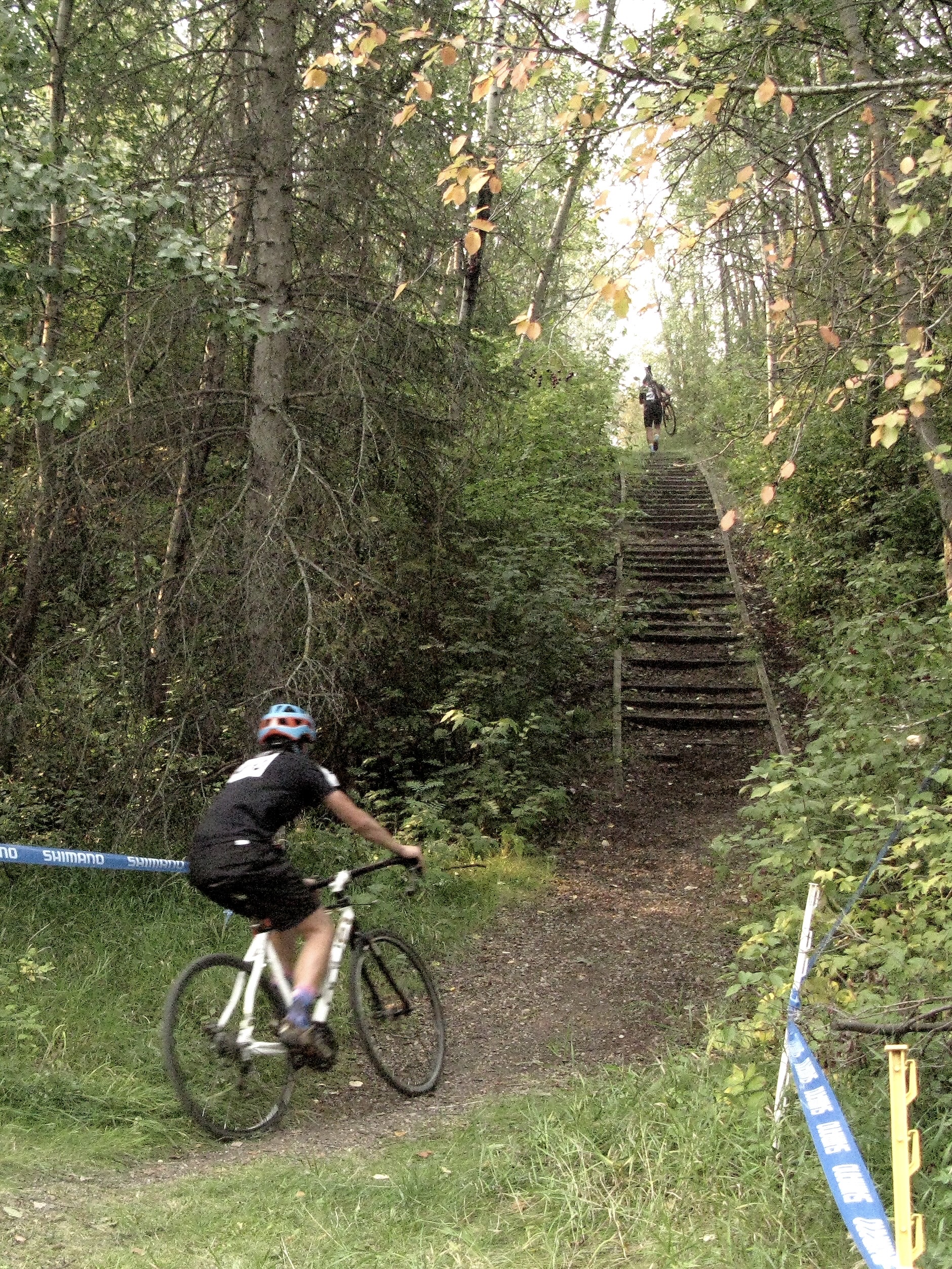 A rider approaching the stair run-up in Strathcona Science Park