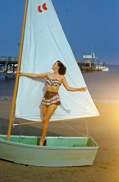 Slide of Woman Posing in Boat on Beach, 1940s