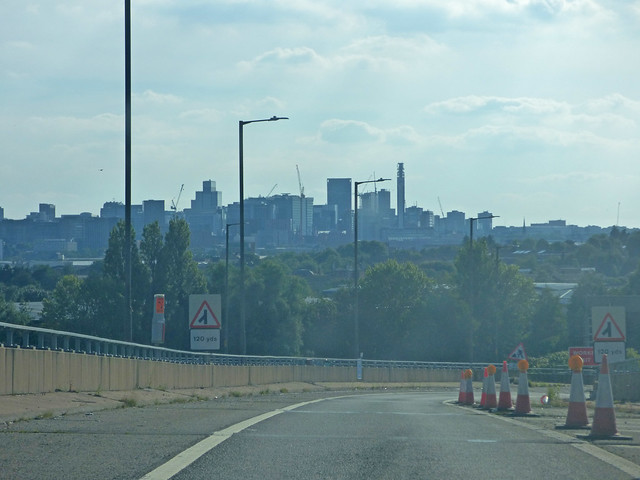 Birmingham skyline from Aston Expressway leaving the M6 at Spaghetti Junction