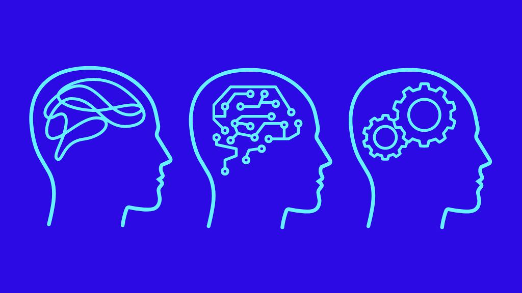 Icons of three human profiles with different symbols representing their brains