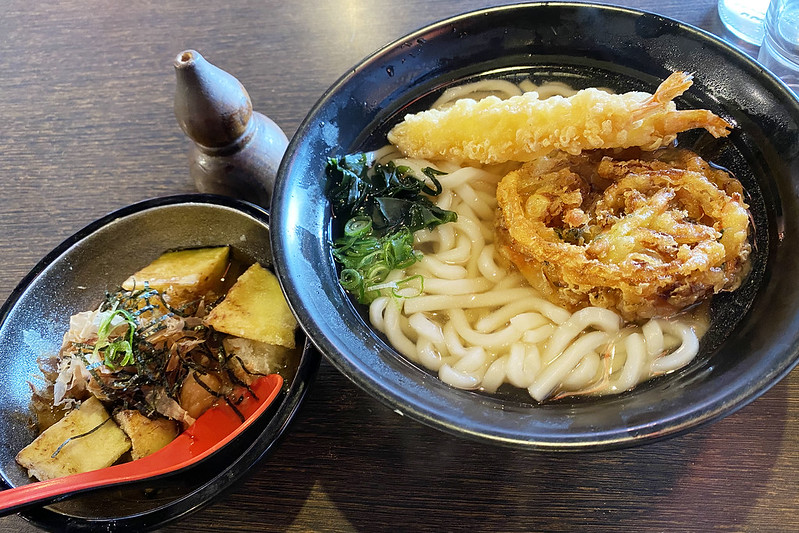 Agedashi eggplant and tempura udon