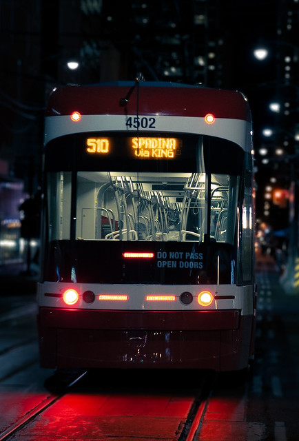 Toronto street car at night