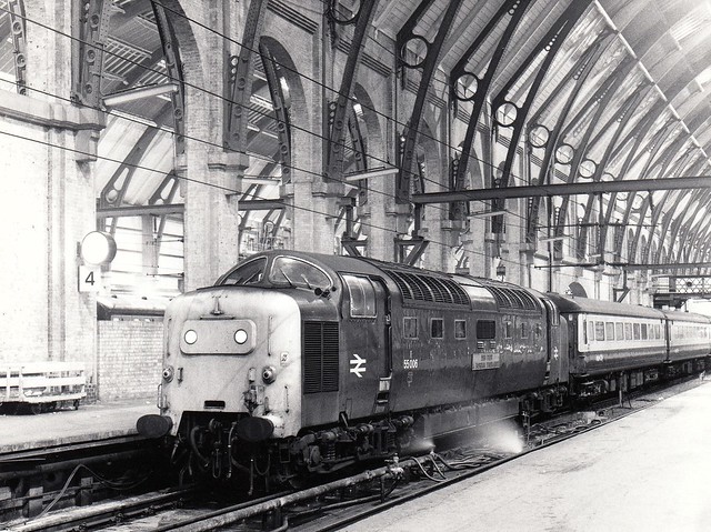 Deltic 55006 THE FIFE & FORFAR YEOMANRY under Cubitt's magnificent train shed at King's Cross for the last time, having arrived with 1A31, the 18.10 from York, 4th February 1981.