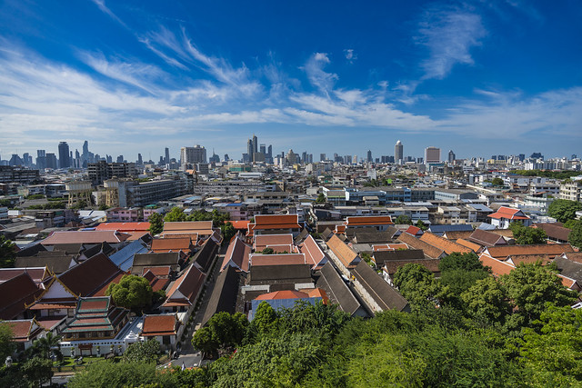 Cityscape seen from Wat Saket on Golden Mount in Bangkok, Thailand