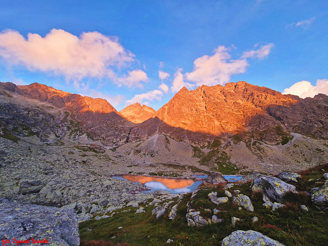 Tatra Mountains - view of Rysy (2499 m) and Kopky in setting sun from Żabia Mengusowska Valley