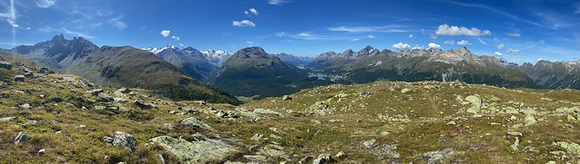 Panorama from Muottas Muragl over the valley and the mountains of the Upper Engadin, Graubünden, Switzerland