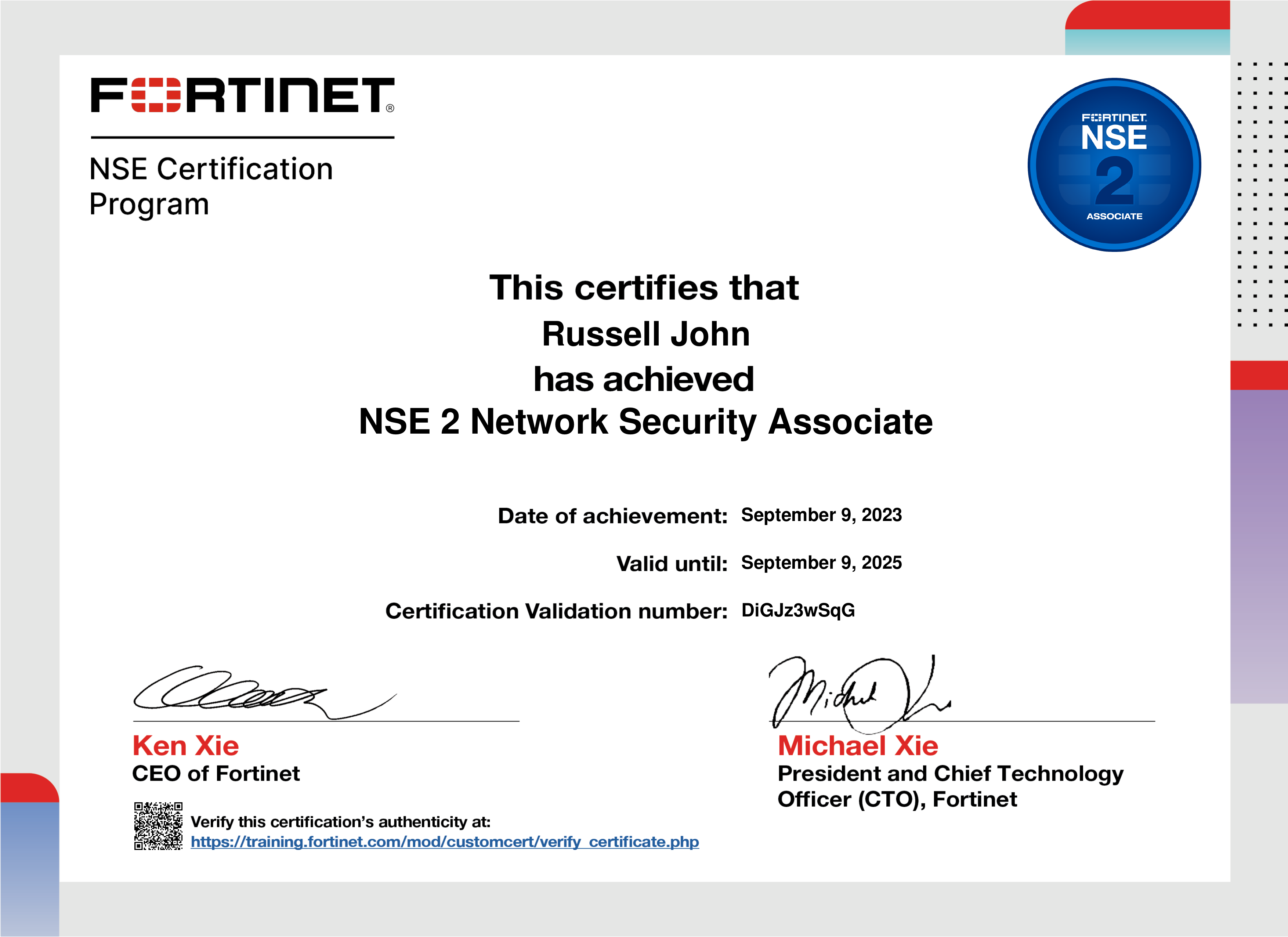 Fortinet NSE 2 - Russell John - 2023