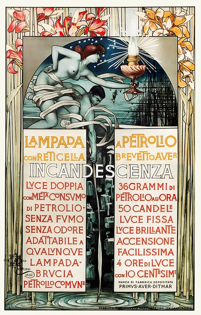 MATALONI, Giovanni. Lampada a petrolio con reticella brevetto aver, Incandescenza, Luce doppia con metaconsumo di petrolio senza fumo, senza odore..., 1896.