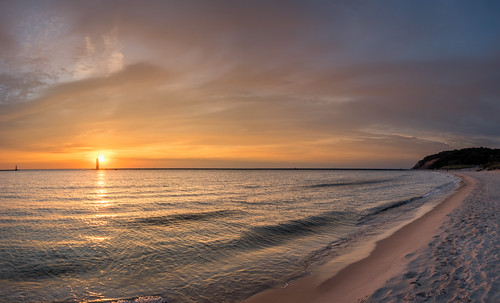 Frankfort Beach at Sunset by Mike Hedge, Frankfort, Michigan Beach at Sunset on Tuesday night. Pano created from seven handheld photos. If