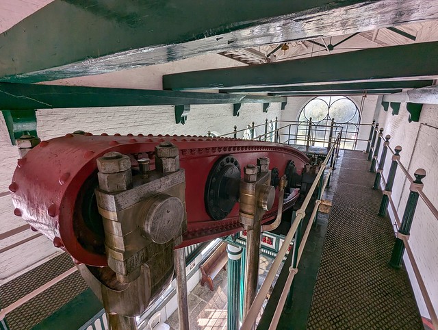 Top of a beam engine, looking along the beam towards the cylinder end.