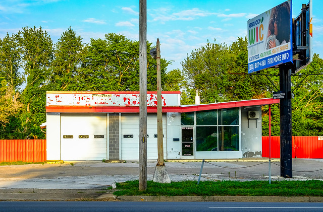 Abandoned Gas Station with Poles & Billboard, Hopkinsville, Kentucky, USA
