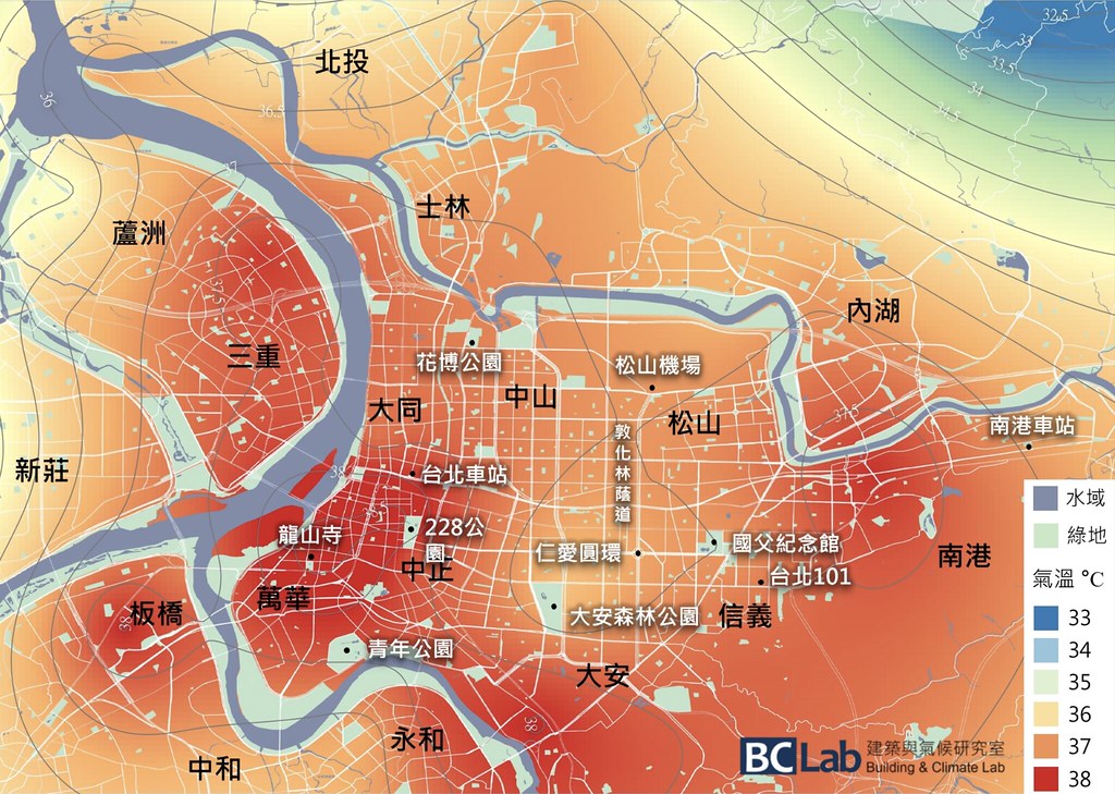 台北市7月8日13時溫度分布圖，林子平指出，高齡人口、行動不便者，與高溫區重疊度非常高。圖片來源：BCLab提供