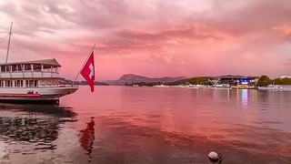 Sunset, Swiss Flag, DS 'Wilhelm Tell', Rigi, Lake Luzern, Luzern, Switerland, 24 July 2023 (7)-Pano-2