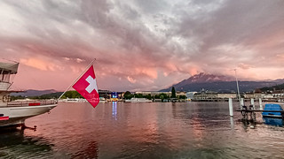 Swiss Flag, DS 'Wilhelm Tell', Pilatus, Sunset, Lake Luzern, Luzern, Switerland, 24 July 2023 (2)