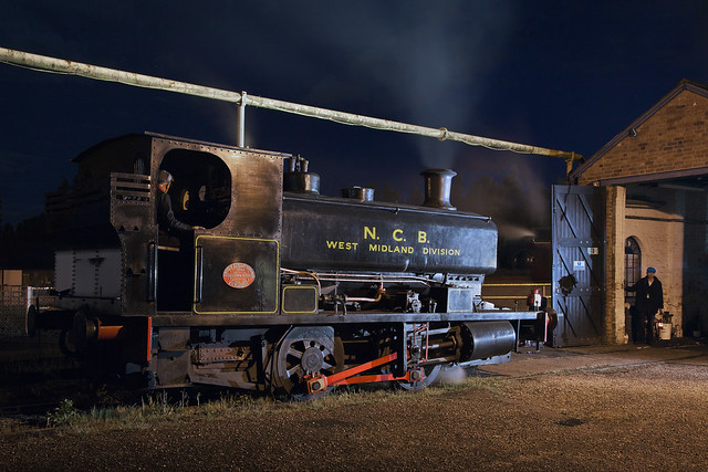 An Andrew Barclay 0-4-0ST stands ready for action outside its shed at Snibston Colliery on  the evening of 13th May 2011
