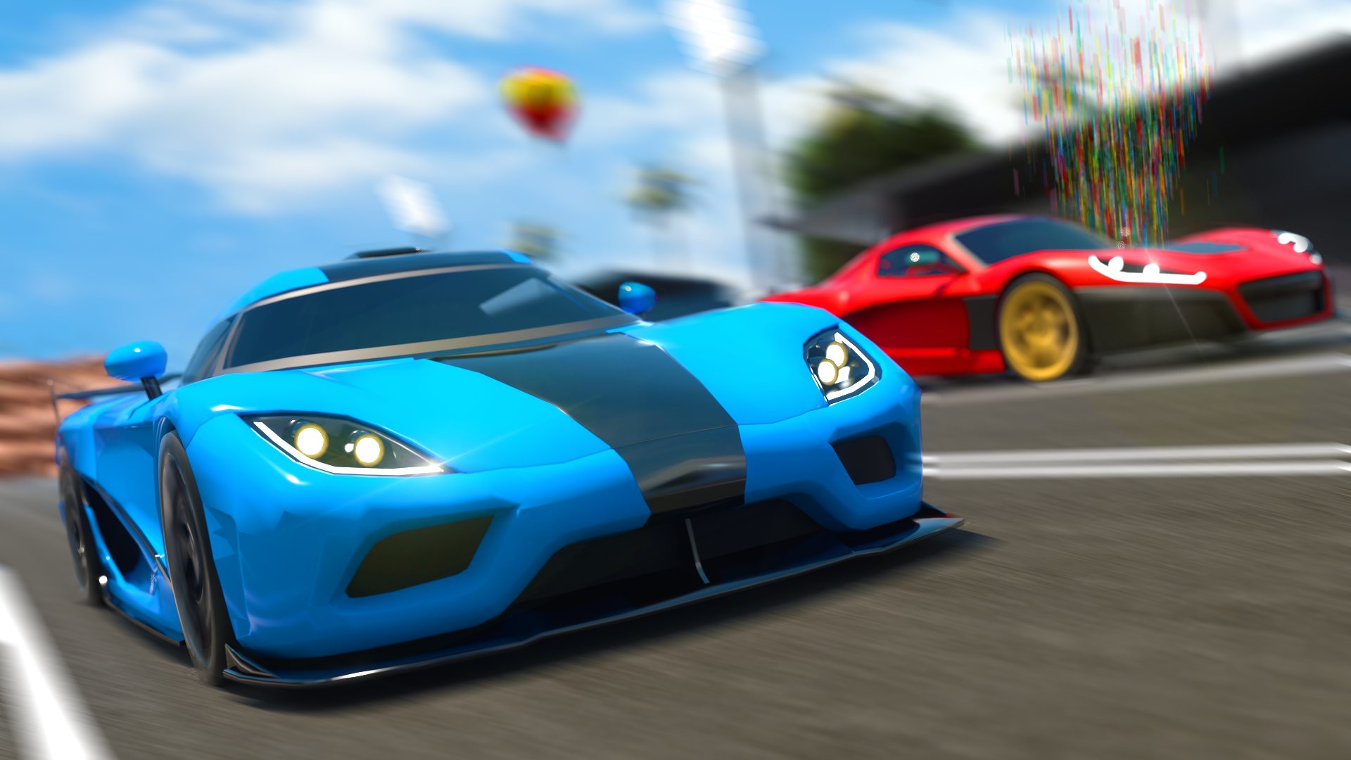 Two supercars, one blue, the other red, race each other along a cement track.