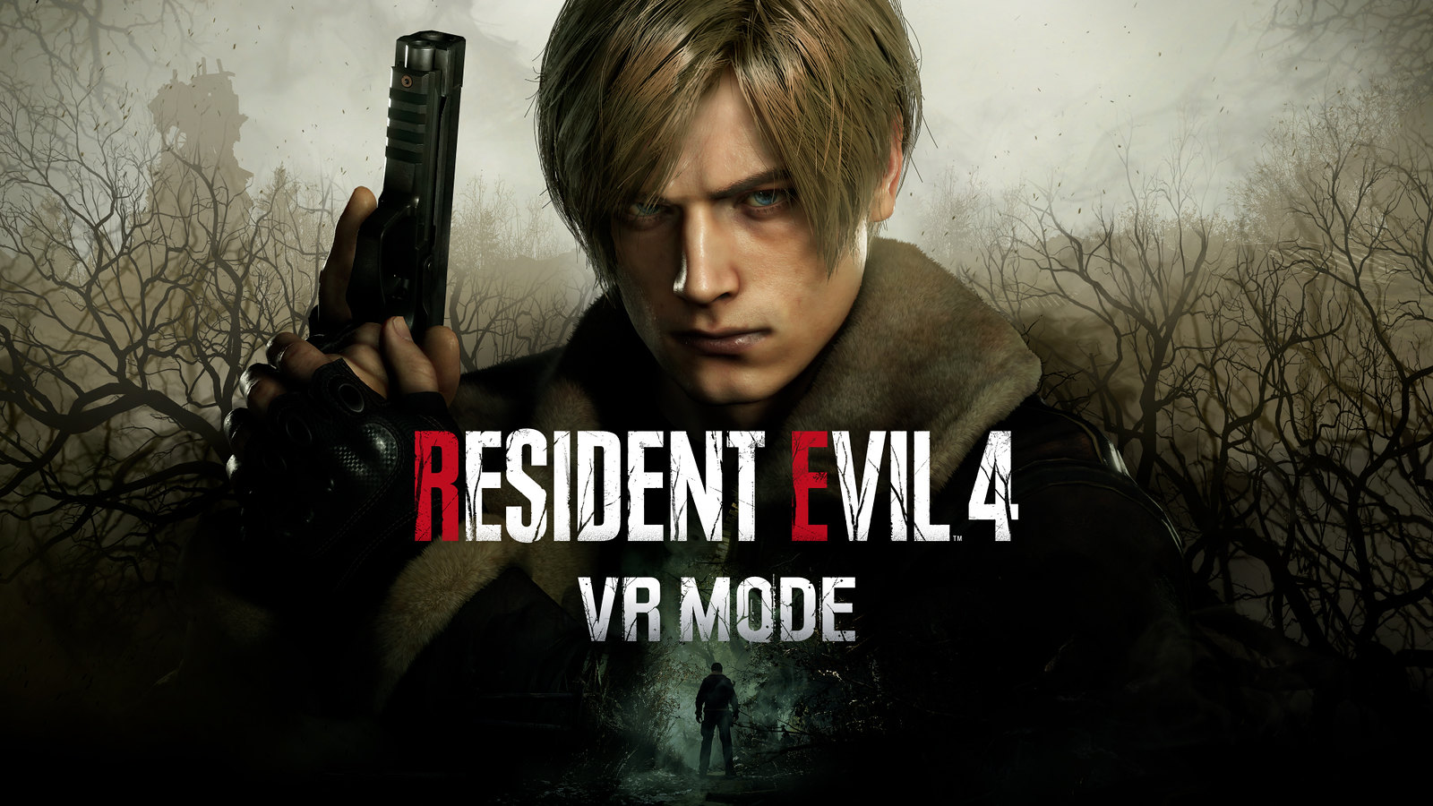 Leon Kennedy is the centerpiece of the image, facing the camera and surrounded by haunting woodland. The on-screen text reads: Resident Evil 4 VR Mode