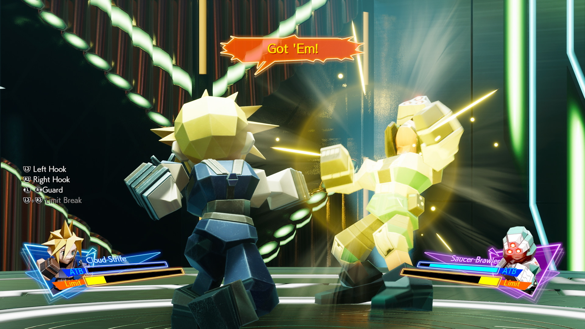 One of Gold Saucer’s mini-games sees two fighters duking it out. The player is able to use their Cloud Strife avatar fighter to swing a left or right hook (L2 or R2 respectively), guard by hitting left or right on the analog stick, or hold L2 and R2 to unleash a Limit Break. Each fighter has a ATB bar and a Limit bar, shown at the bottom left and bottom right of the screen.