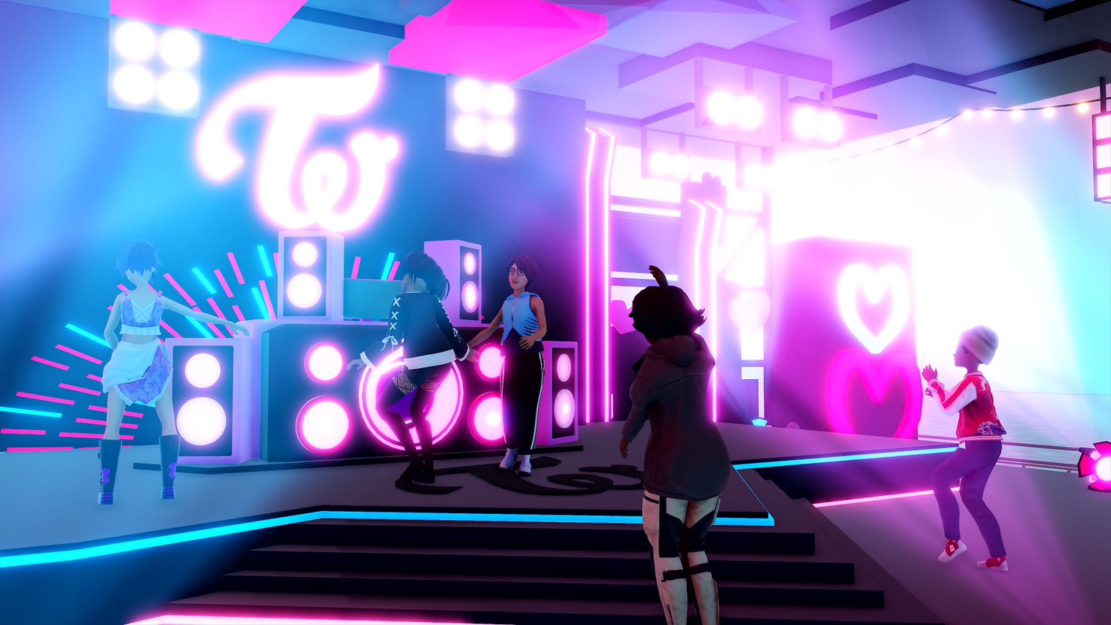 Molti personaggi ballano in gruppo o da soli in un locale notturno illuminato dai neon.
