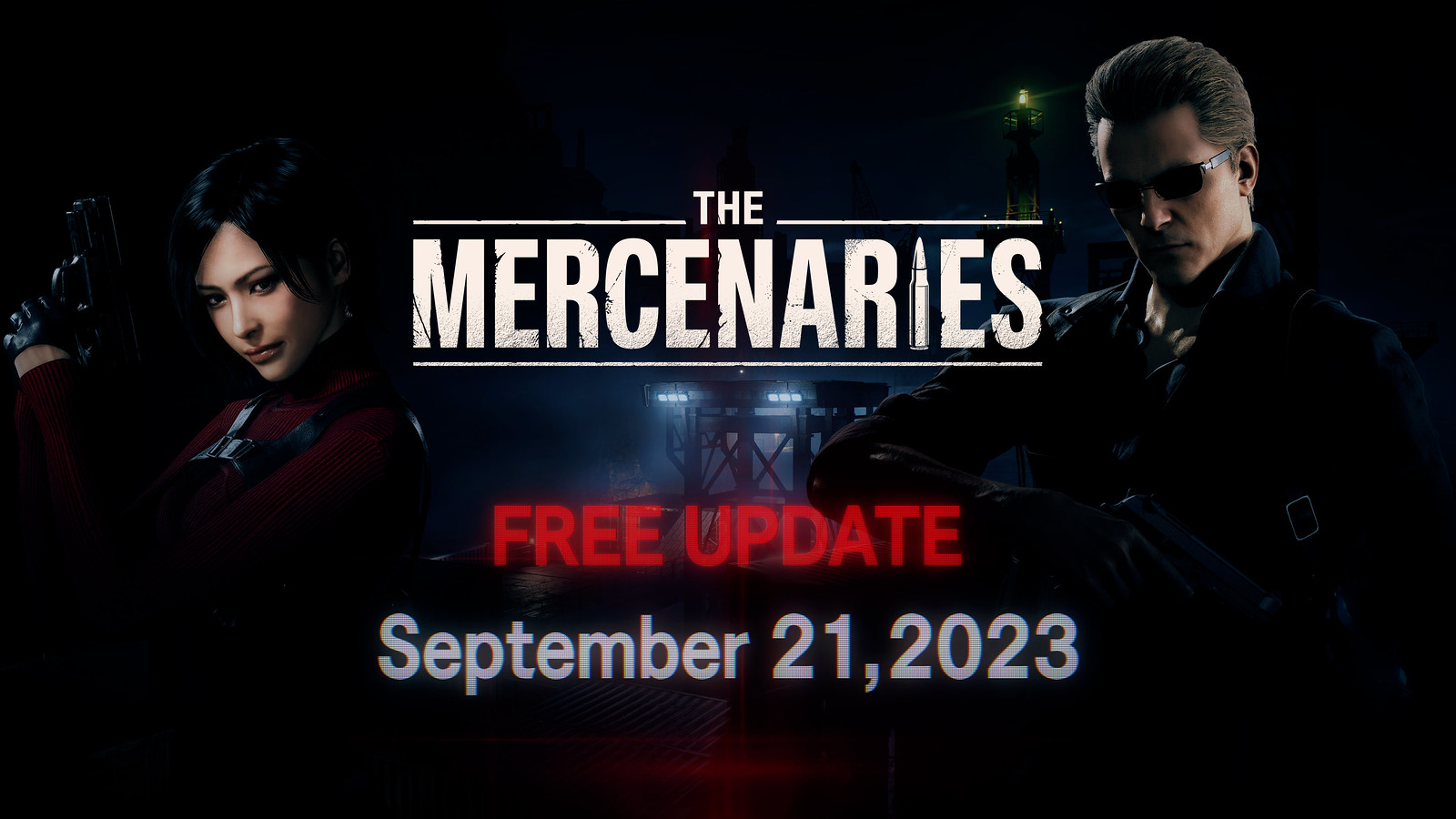 Ada Wong readies her handgun to the left side of the image, Albert Wesker stands to the right. Both are facing the viewer. Between sits the text: The Mercenaries. Free update. September 21, 2023.