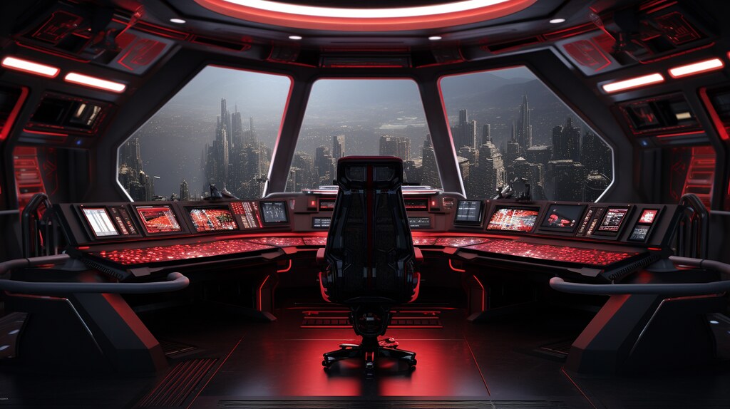 imperial starship command bridge, red and black, hyper realistic, render, 8k