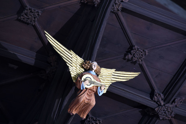 Wrexham, Wales, St. Giles's church, roof, north side, musical angel