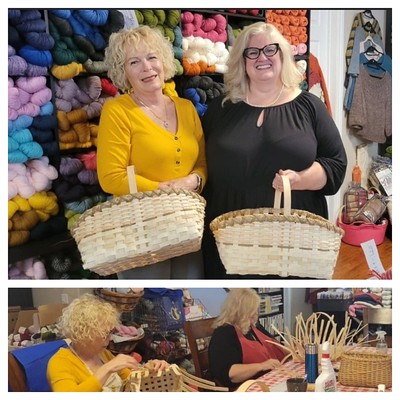 Karen and Kay posed with their first time ever baskets they made for Louise who taught our Beginner Basket Weaving Class.