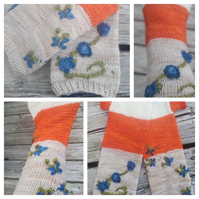 Cecilia (@adventuremonkey6) has been trying her hand at embroidery on this pair of handwarmers.