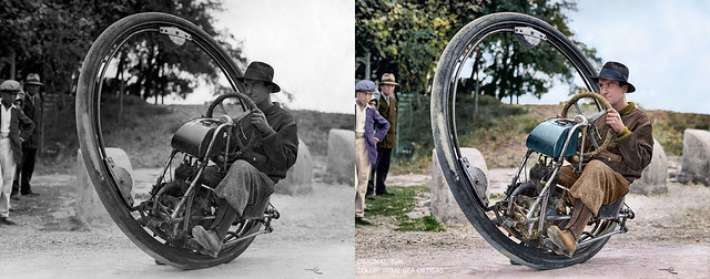 Un hombre conduce un monorueda Cislaghi (monowheel). 1931 / A man drives a Cislaghi monowheel. 1931