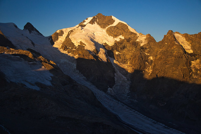 Early morning light and shadow on the high mountains of the Bernina group